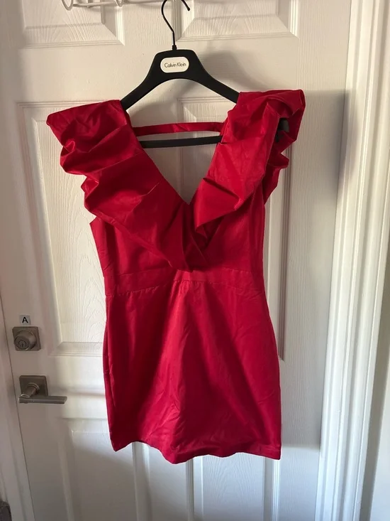 DO+BE Red Ruffle V-Neck Mini Dress Size L - Picture 3 of 7